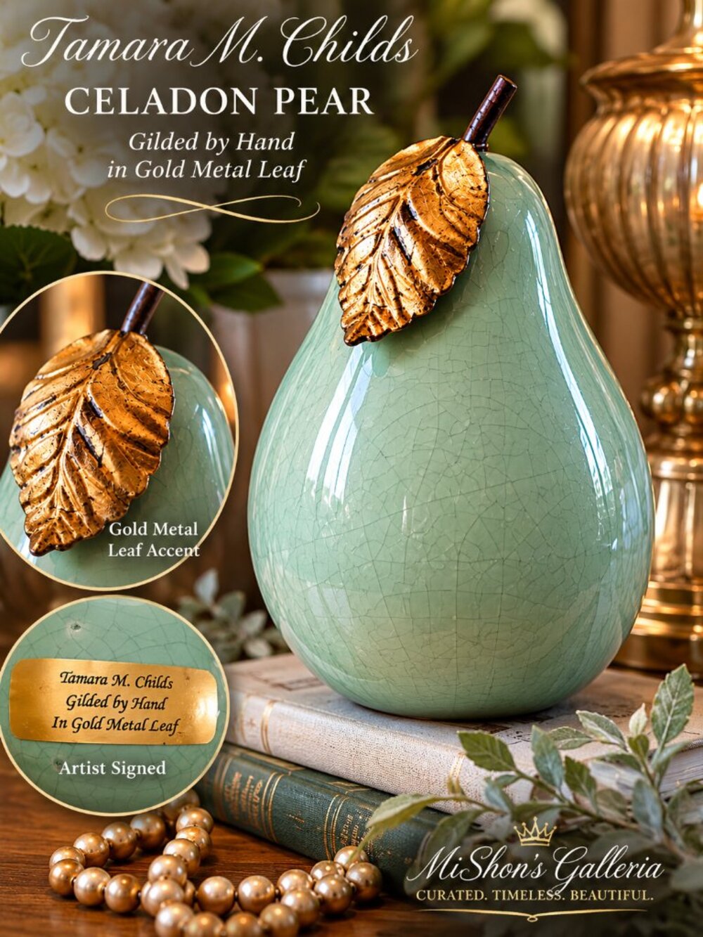 Rare Tamara M. Childs Celadon Crackle Ceramic Pear Gold Leaf Designer Decor NOS